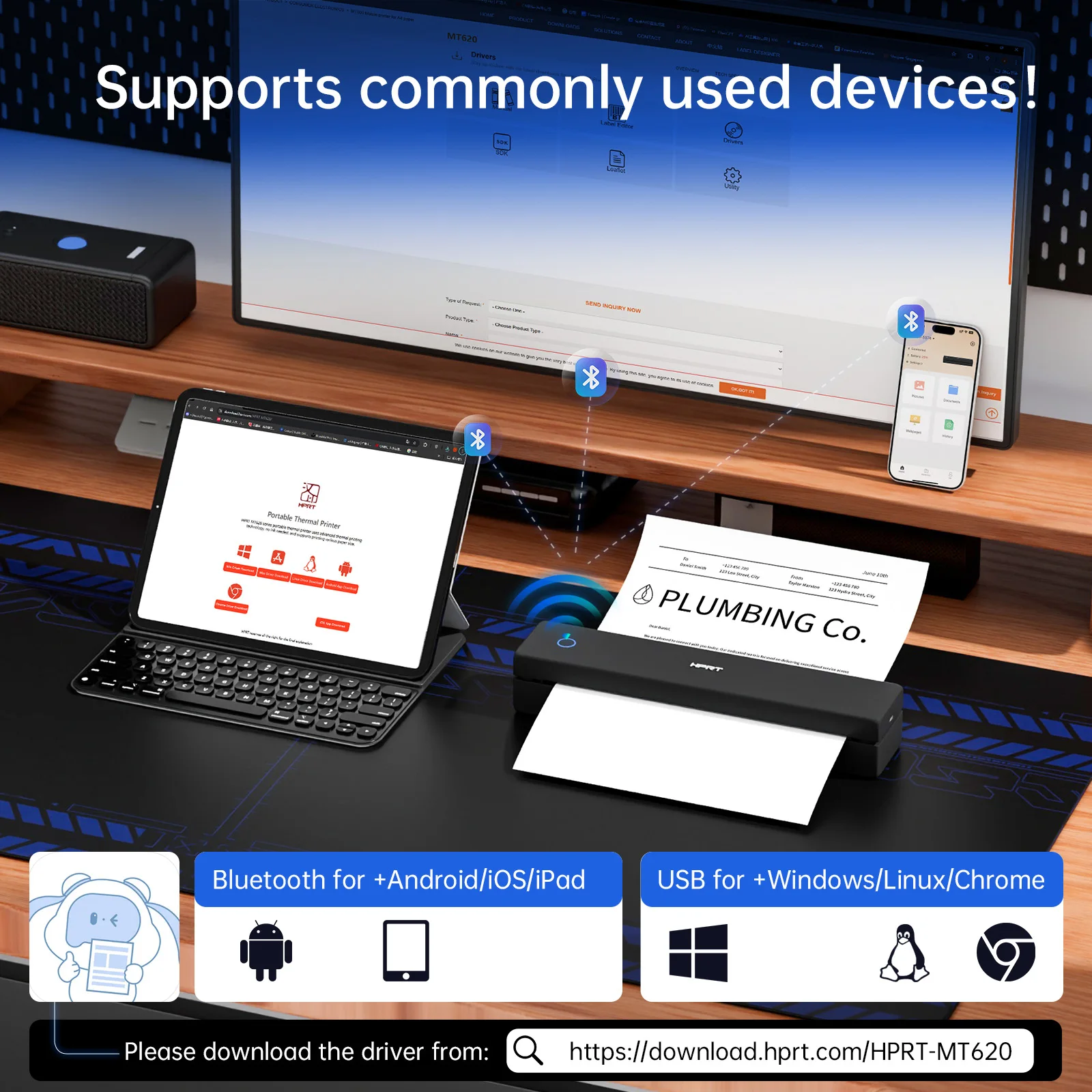 MT620 Pro Portable Thermal Printer - Wireless Bluetooth, 300DPI High Resolution, Multi-Size Printing (A4/A5/US Letter), No Ink