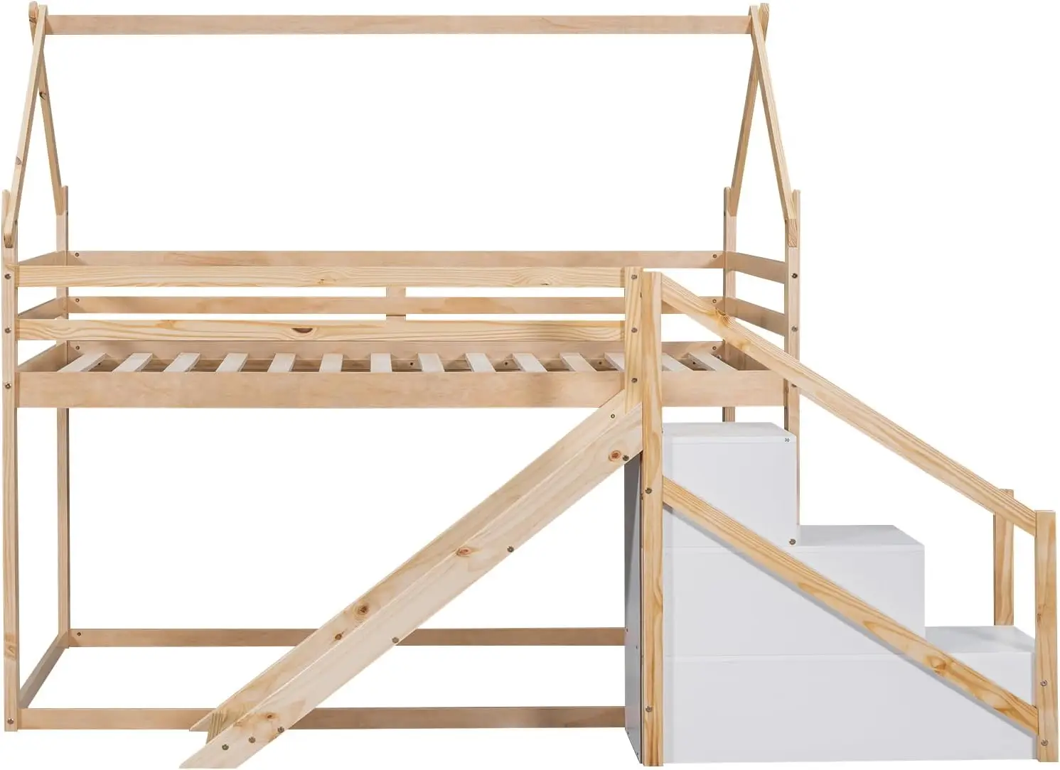 Lit Superposé en Bois pour Maison avec Coulissante et Escalier de Rangement, Cadre de Lit Loft avec Toit et Sécurité