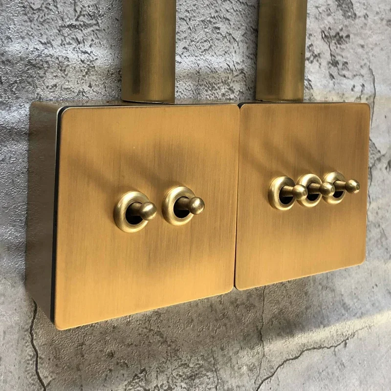 Brass Lever Toggle Switch Retro Yellow Bronze Brushed Stainless Steel Panel 1-4 Gang 2 Way Wall Light Switch