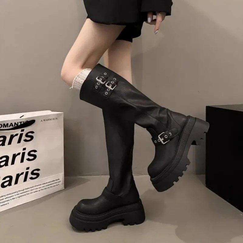 Women Chunky Platform Knee High Boots Smooth Matte Elastic Cross Strap Lug Sole Round Toe Goth Motorcycle Shoes Retro view 4