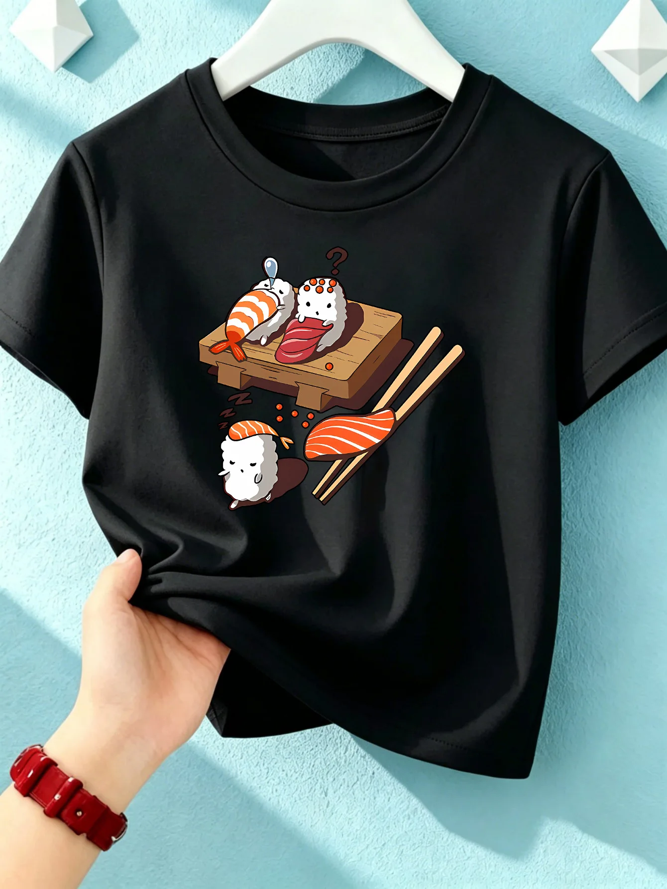 Funny Playful Cartoon Sushi Japanese Food Kid Shirt Boys Girls Short Sleeve Crew Neck Cotton Parent Matching Tops Toddler Youth