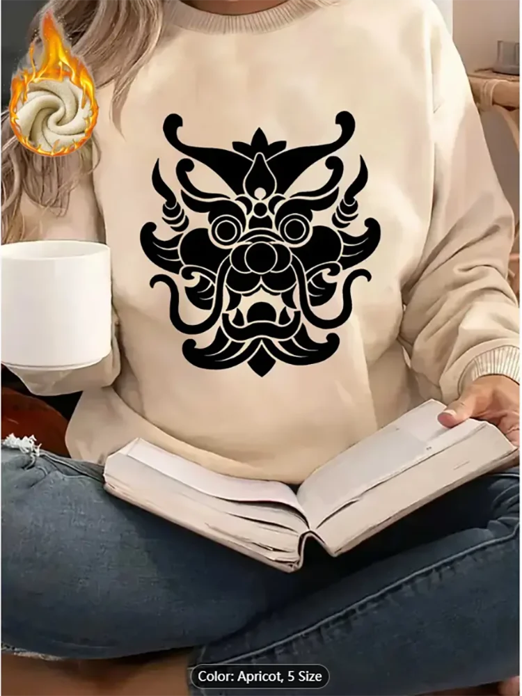 Sudadera para mujer con estampado gráfico de cabeza de dragón, forro polar, informal, de gran tamaño, para amantes del estilo cultural, algodón puro