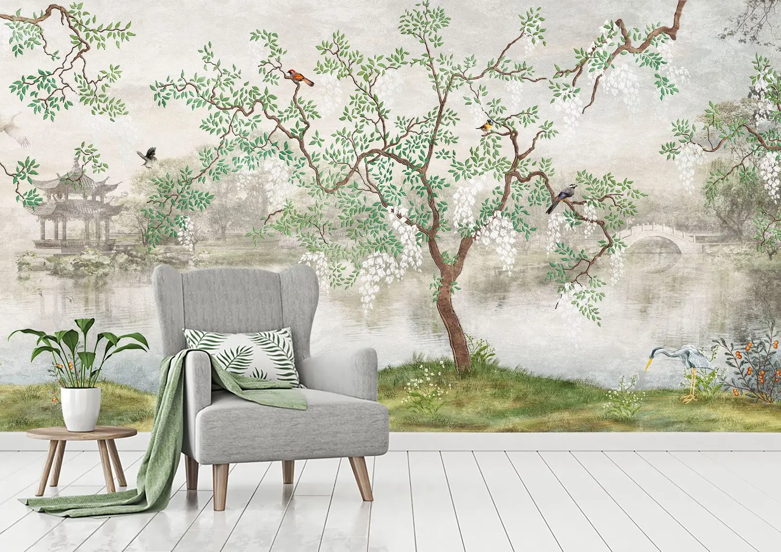 Misty Garden Tree Chinoiserie Wall Mural, Botanical Tree Wallpaper For Room Decor,Chinoiserie Exotic Birds Blossom Wallpapers