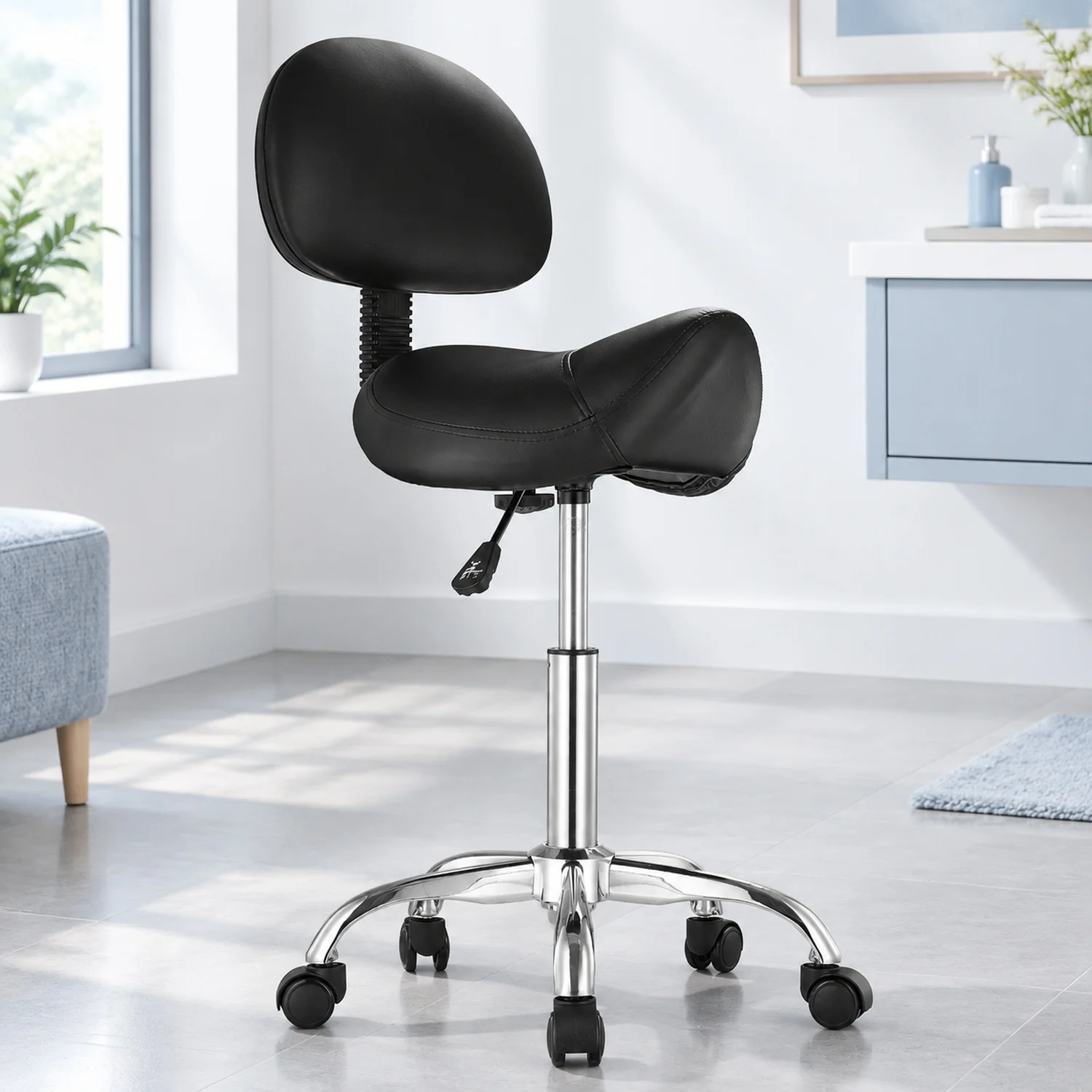 Saddle Stool with Back Support and Wheels, 450 LBS Weight Capacity Ergonomic Rolling, Height Adjustable Thickened PU Leather