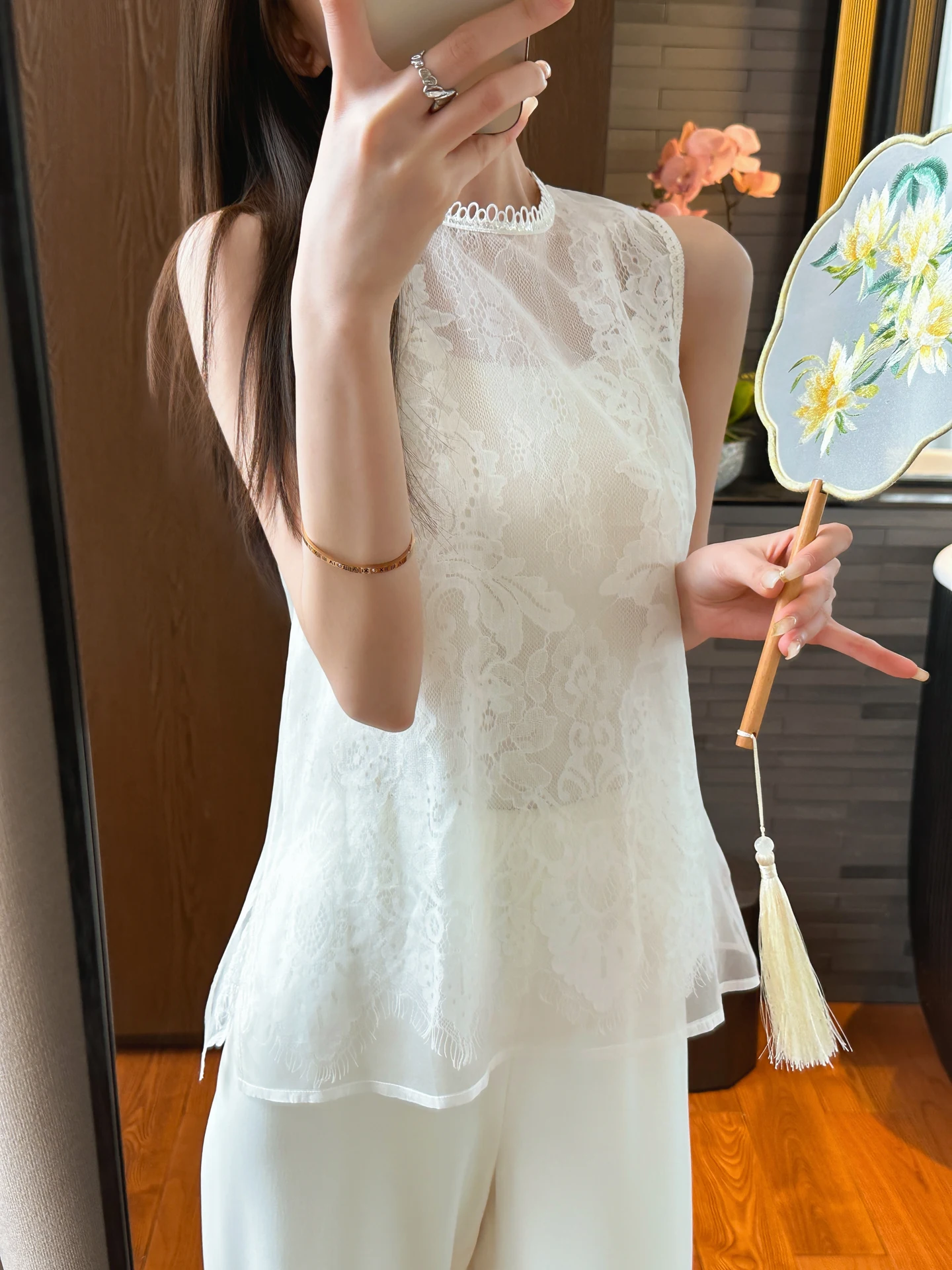 

Элегантный дышащий комфортный кружевной шелковый жилет-топ для женщин, верхняя одежда на лето, стандартная длина