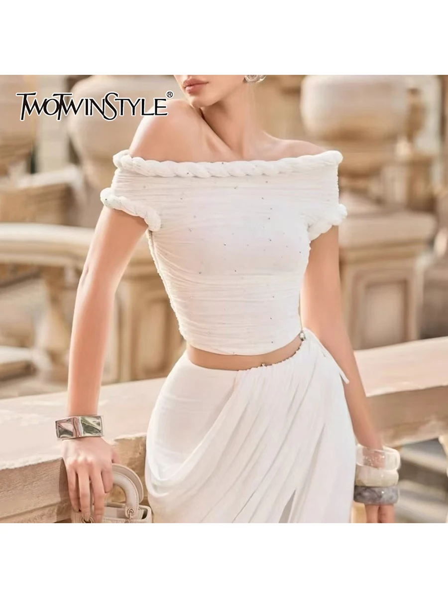 

TWOTWINSTYLE Slimming Spliced Hot Fix Elegant T Shirts for Women Slash Neck Short Sleeves Patchwork Shirring T Shirt Female New