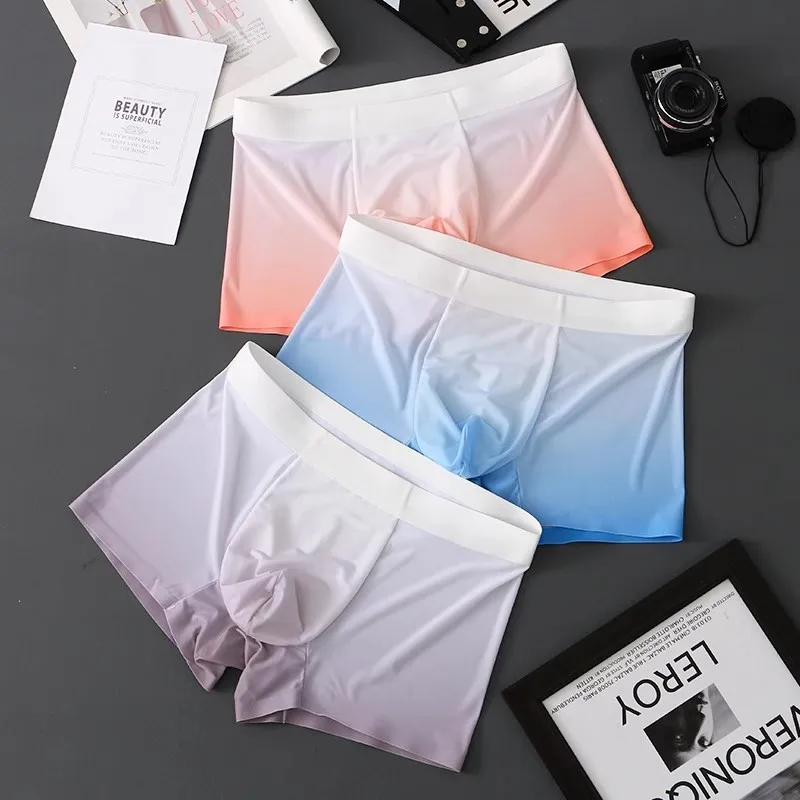 Man Gradient Color Ice Silk Underwear Mens Mid-rise Seamless Underpants U Convex Pouch Sexy Boxer Shorts Thin Breathable Panties