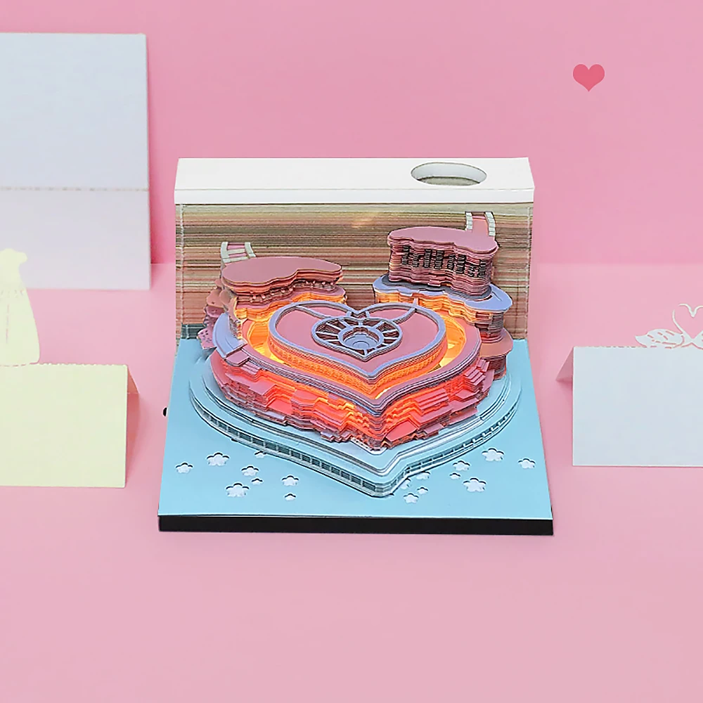 Valentine's Day Couple Gift Omoshiroi Block 3D Memo Pad Paper Cut Love House Heart Ring Desktop Decoration