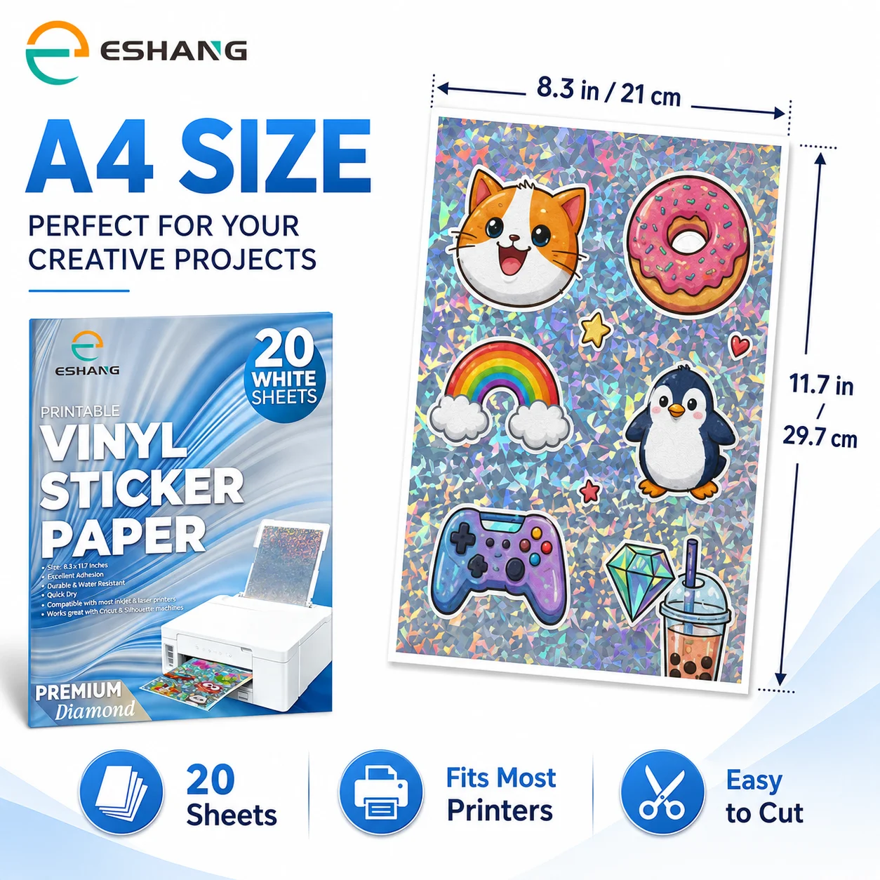 A4 20 Pcs Diamond Pattern Printable Vinyl for Inkjet & Laser Printer, Broken Glass Effect Waterproof Holographic Sticker Paper