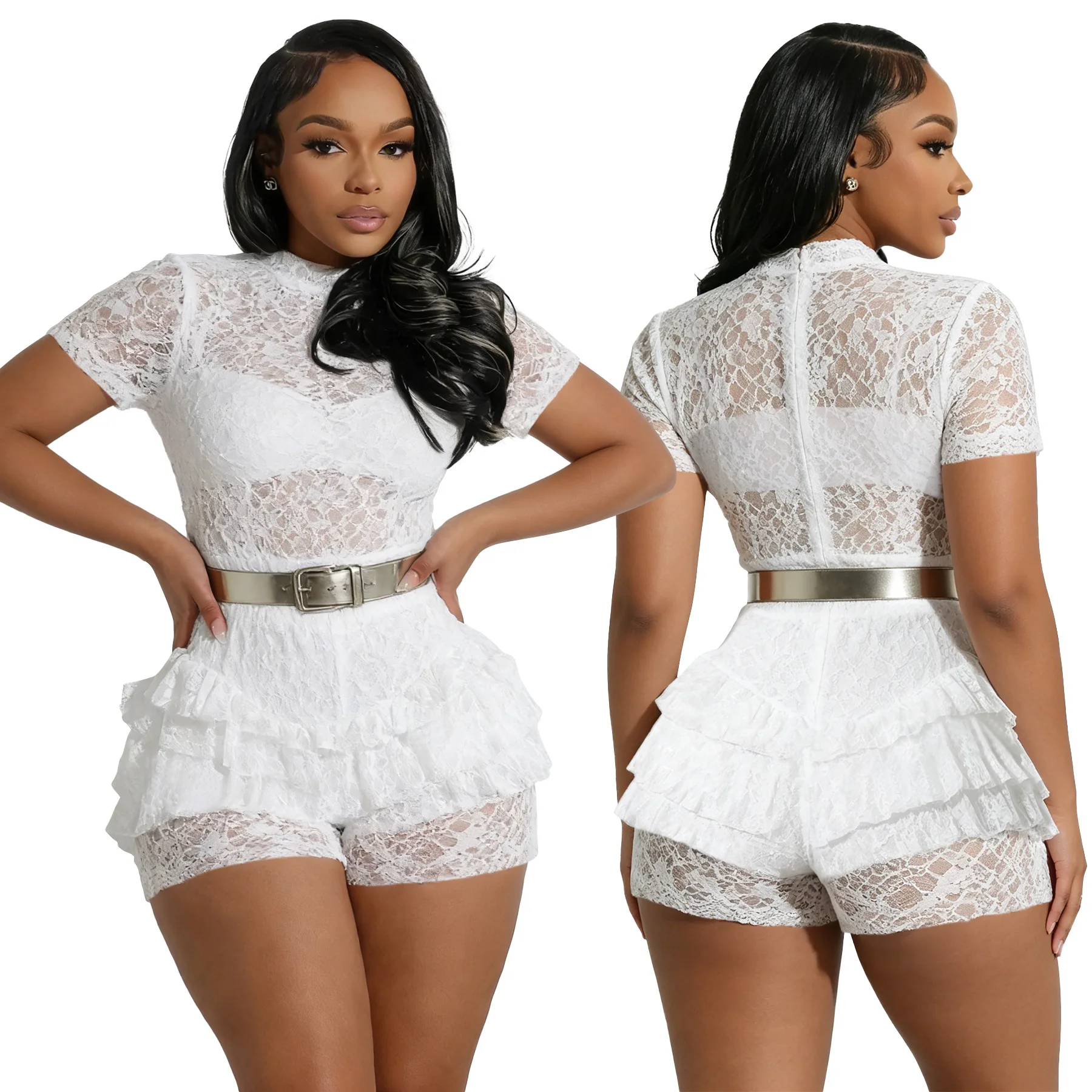 EINY Women Short Sleeve Lace Ruffles Ruched Rompers High Waist See Through Jumpsuit Streetwear Street One Piece Romper Playsuits