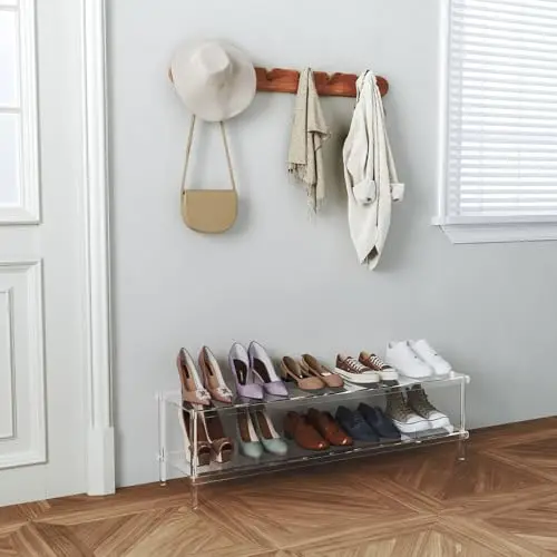 

Transparent Acrylic 2-Shelf Shoe Storage Rack For Entryway Or Closet, 42.7” Long × 11.8” Wide × 12.2” Tall, No-Tool Assembly