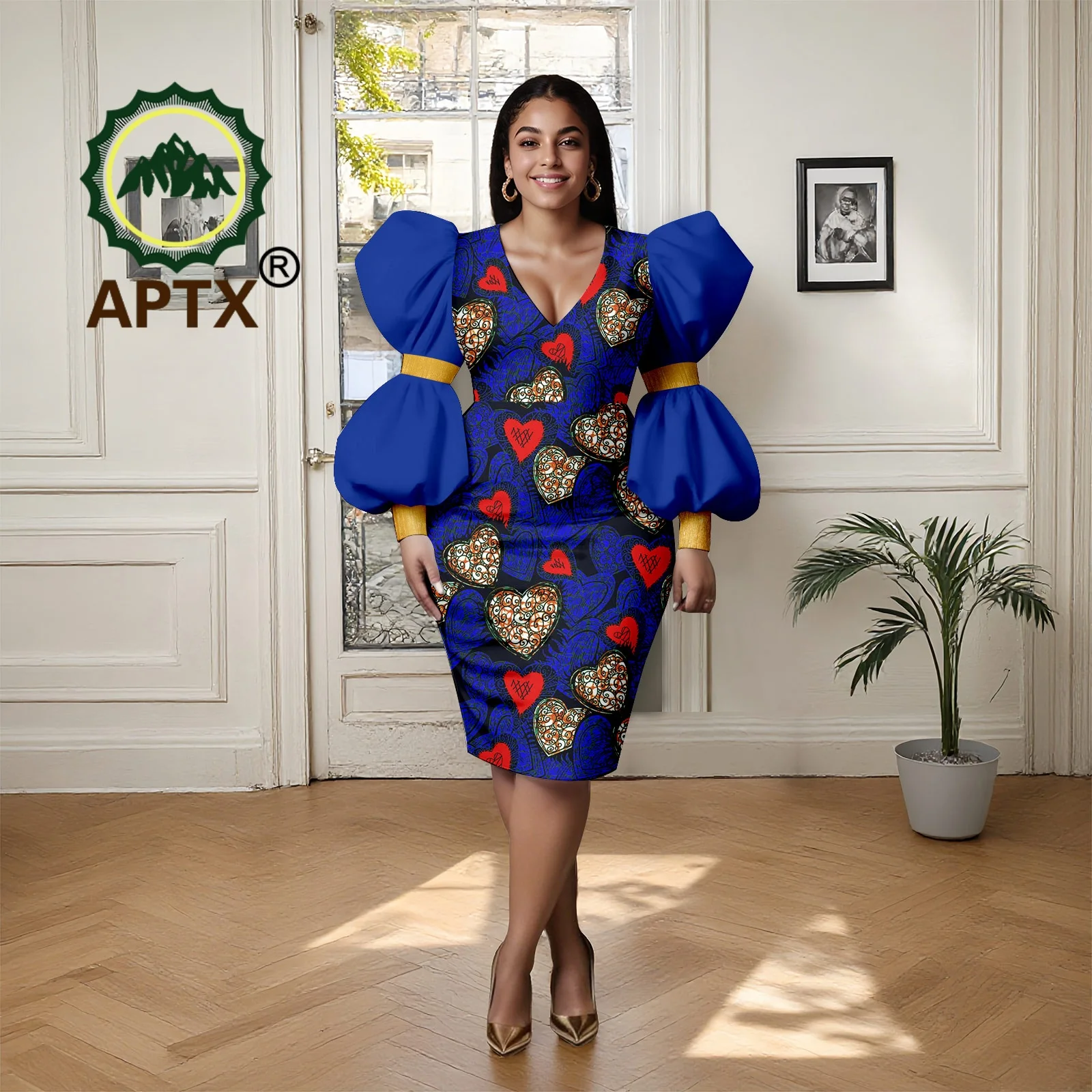 

Африканское женское платье длиной до колена с v-образным вырезом и пышными рукавами в стиле Анкара, лоскутное повседневное элегантное модное платье Dashiki