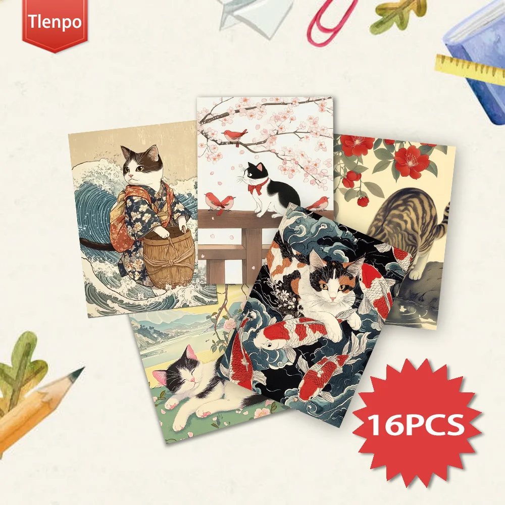 

16 шт., японские открытки с изображением кошек в стиле укиё-э, HD-печать, подарки на день рождения/годовщину, коллекционные предметы, подходят для подарков.