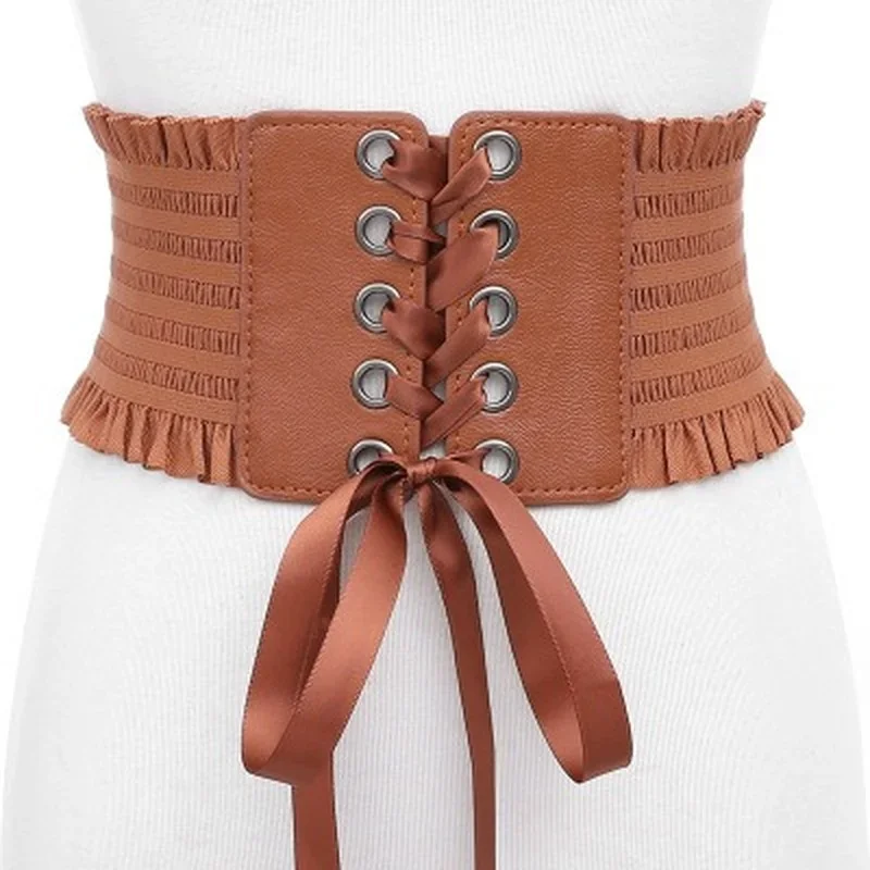 Women\'s Super Wide Belt Faux Leather Tassel Bow Elastic Corset Belt Front Belt Girls Clothes Decoration Fashion Skirt Waistband