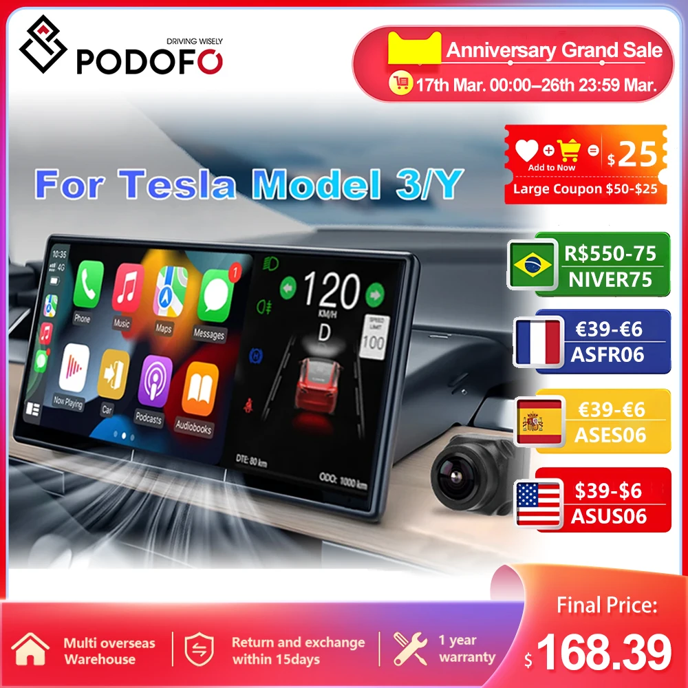 Podofo 9” Head Up Display For Tesla Model 3/Y Tesla HUD Display Carplay Android Auto WIFI Bluetooth OTA Power Speed Update