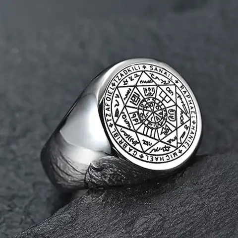 YILUOCD Seal of The Seven Archangels Rings for Men The Key of Solomon Ring Kabbalah Talisman Amulet Stainless Steel Male Jewelry
