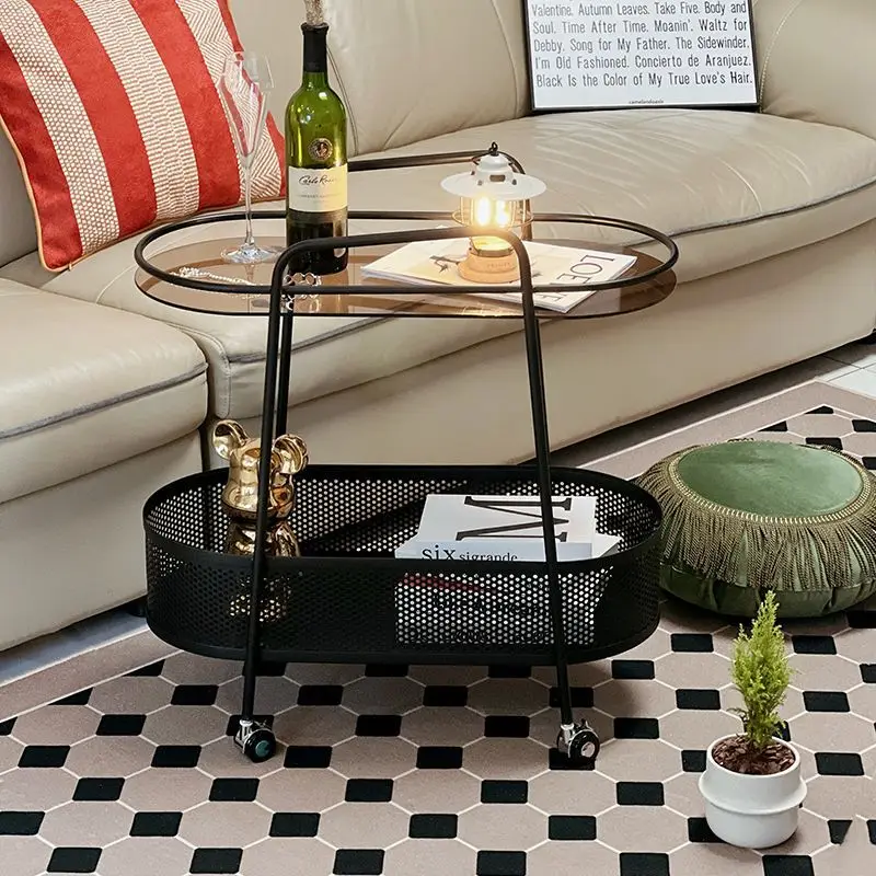 Sofa small side table coffee table can be moved mini bedside cabinet, tea table iron wrought glass trolley