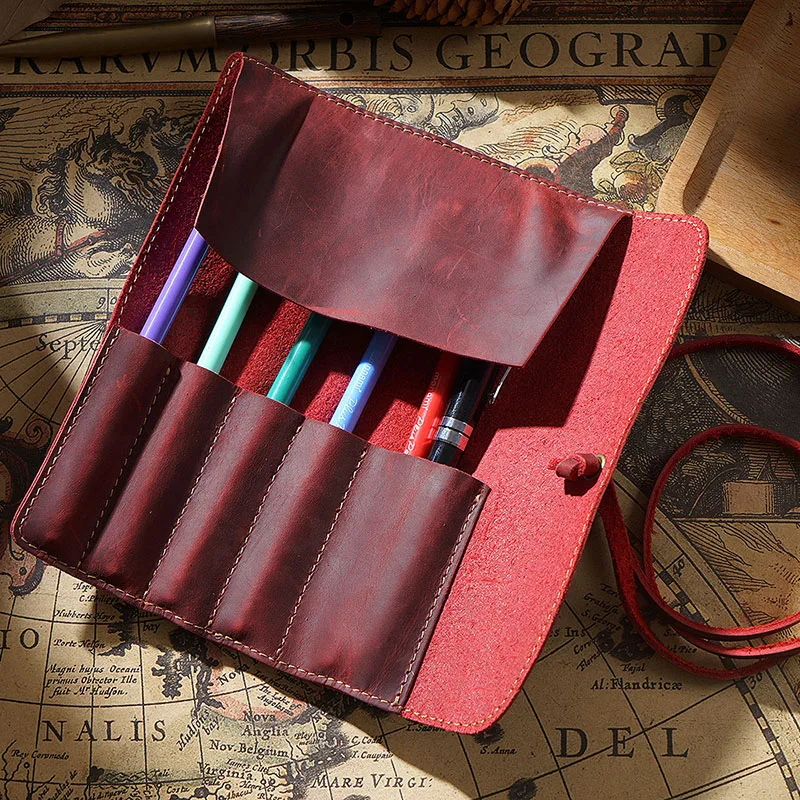 Genuine Leather Rollup Pen Bag Retro Creative Multi-functional Pencil Roll Case Multicolor Optional Rollup Pen Bag