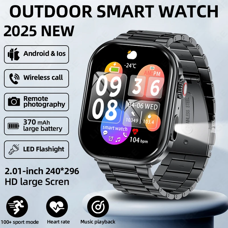 

LIGE 2025 Новые военные 2,01-дюймовые умные часы для мужчин, спорт на открытом воздухе, фитнес-трекер, монитор здоровья, BT Call, умные часы для Android iOS