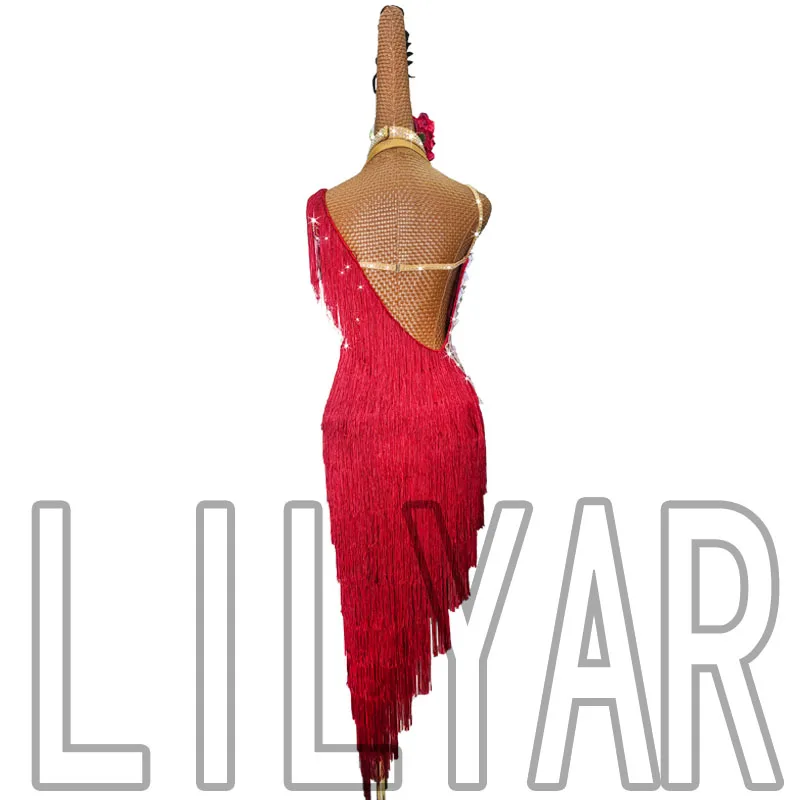 New Latin Dance Performance Competition Performance Clothing Burgundy Tassel Sparkling Diamond Long Slim High-End Dance Skirt