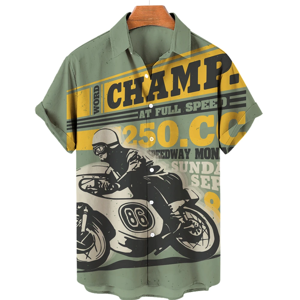 Men's Hawaiian Shirt, Motorcycle 3D Print, Short-Sleeve, Beachwear, Lapel, Loose Fit, Summer Aloha Quick-Drying Shirt