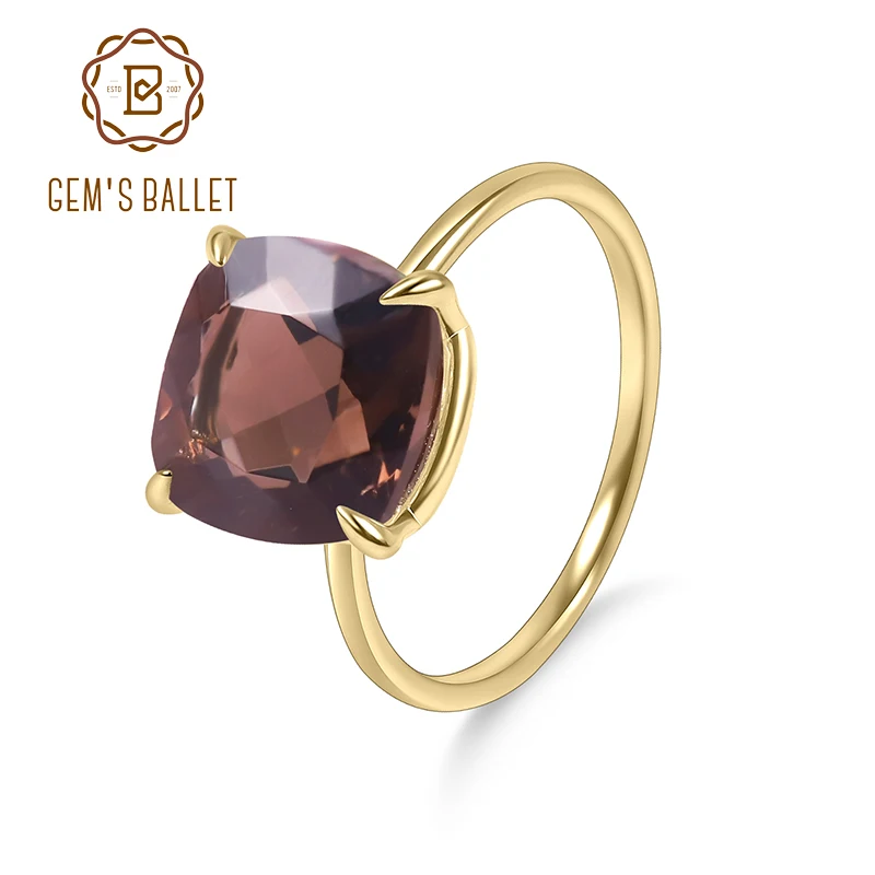 GEM'S BALLET Cushion 10x10MM 4.75Ct Smoky Quartz Birthstone Solitaire Engagement Rings in 18K Gold Plated Eagle Prongs Ring