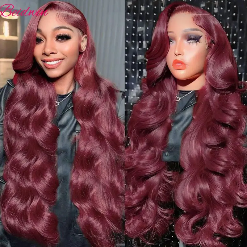 

180 Density Burgundy 99J Body Wave 34 Inch 13x4 Lace Front Human Hair Wig Pre Plucked Transparent Lace Front Wig Pre Plucked