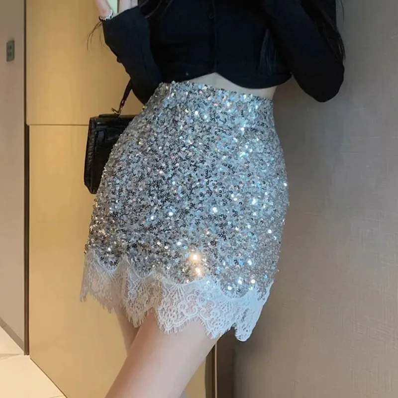 Rimocy Sexy Silver Sequin Skirt Woman Lace Patchwork High Waist Mini Skirts for Women Shiny Party Night Club Dance Skirt Ladies