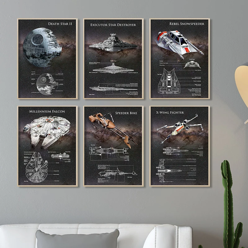 Impresiones artísticas de nave espacial destructor de estrellas, carteles de WARS espaciales, pintura en lienzo de ataque de la nave espacial, imágenes, decoración de pared de habitación de niños