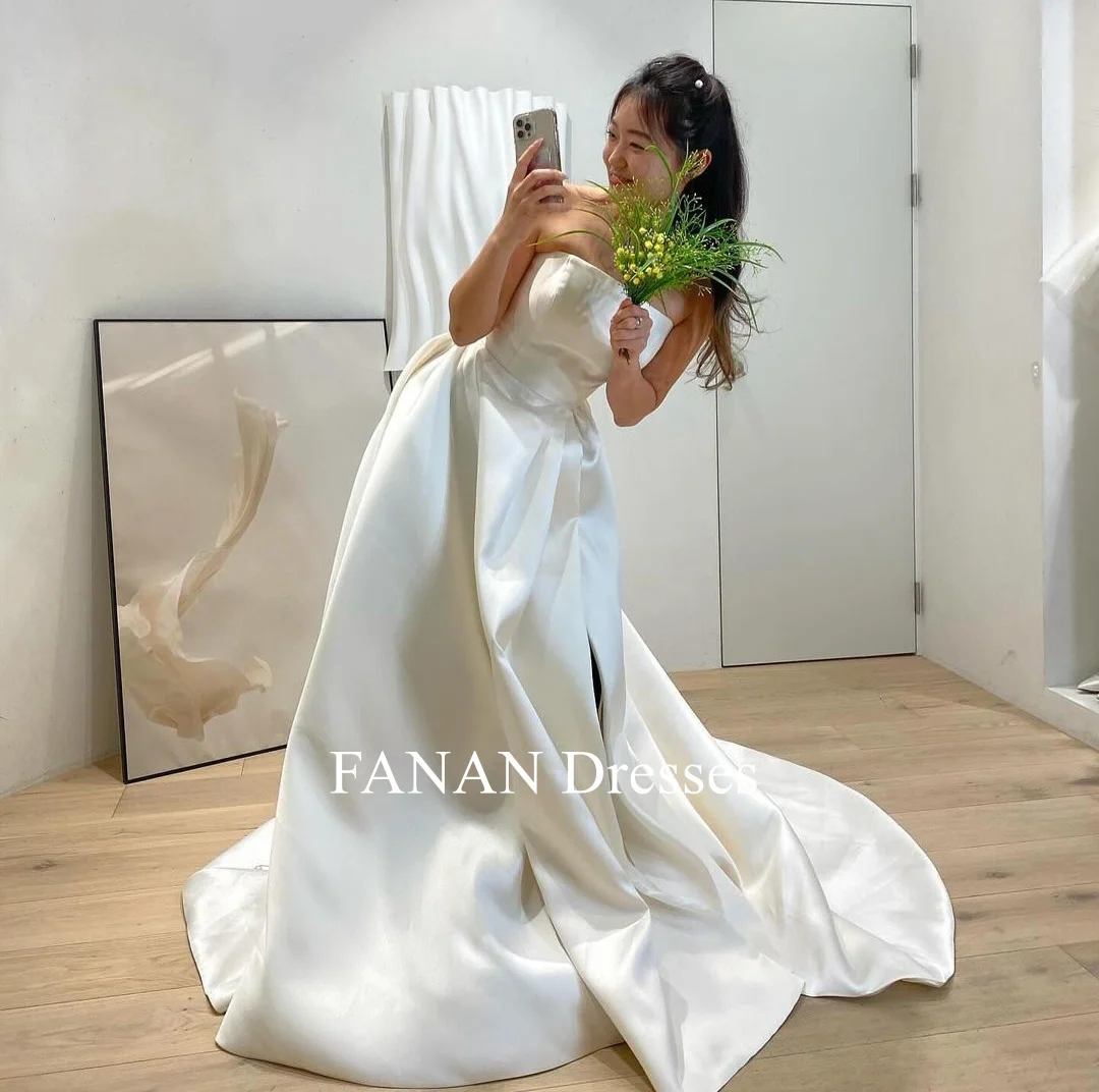 FANAN Korea Ivory Satin Strapless Wedding Dresses 웨딩드레스  Sleeveless Long High Slit Pretty Custom Made Bride Gowns Plus Size