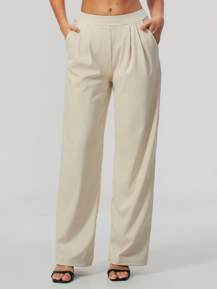 VITALINOVO  4-Way Stretch Wide Leg Work Pants Mid-Waisted Work Business Palazzo Pant with Pockets Pleated Flowy Yoga Pant Outfit
