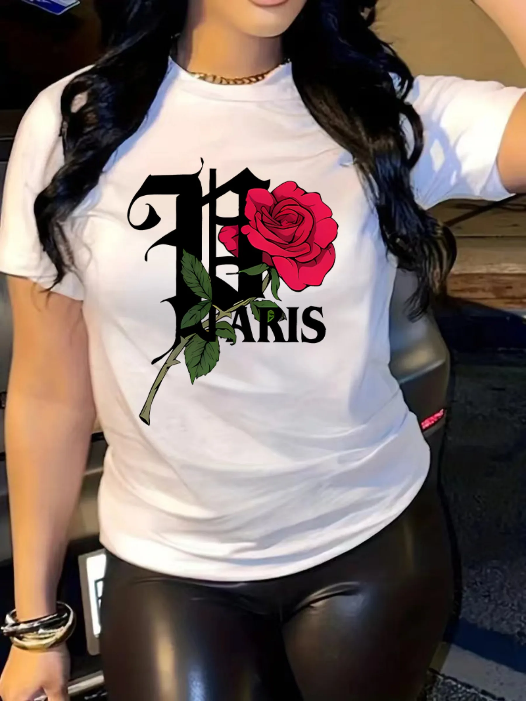 Rose and Letter Print Comfy T-Shirt Round Neck Short Sleeve Tees Tops Women's Graphic T Shirt Outfit Clothes Female Vintage 90s