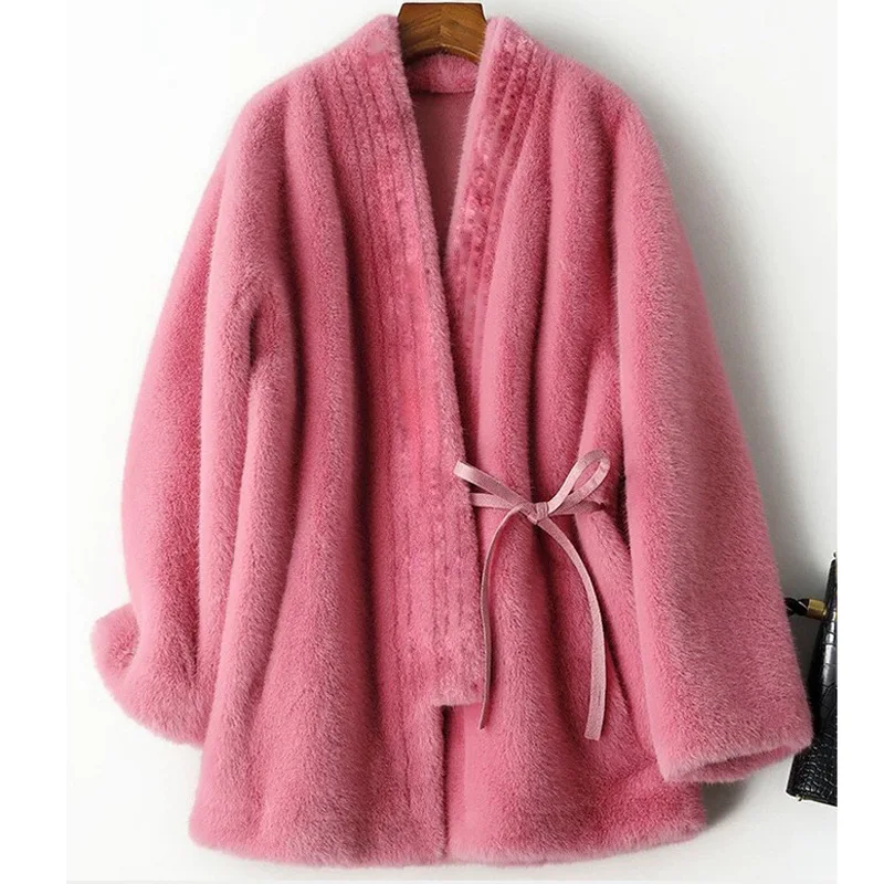 ZXRYXGS Neue Trendy Imitation Pelz Jacken frauen Mantel 2025, Neue Herbst Winter Mantel V-ausschnitt Spitze Up Taille Abnehmen Mode jacken