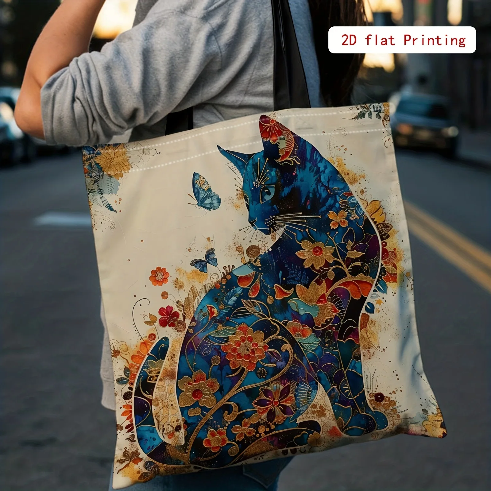 Floral Cat Design Tote Bag  Abstract Art Women'S Easy Double-Sided Printed Shoulder Bag for Travel And Daily Storage Bag