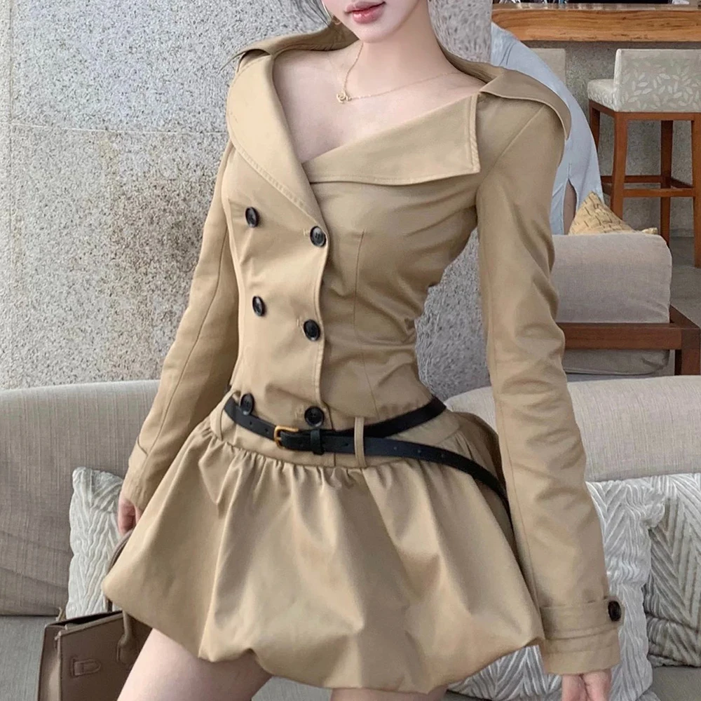 

French temperament long-sleeved trench coat dress children early autumn 2025 new huge good-looking small bud short skirt