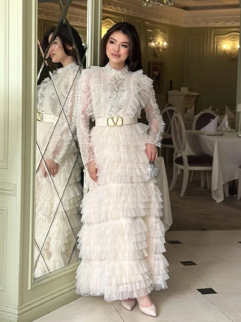 Elegante Kuchen Kleid Frühling Kleidung Frauen Volle Hülse O-ansatz Maxi Lange Kleider Abend Party Club Ballkleid Mesh Kleid Vestidos