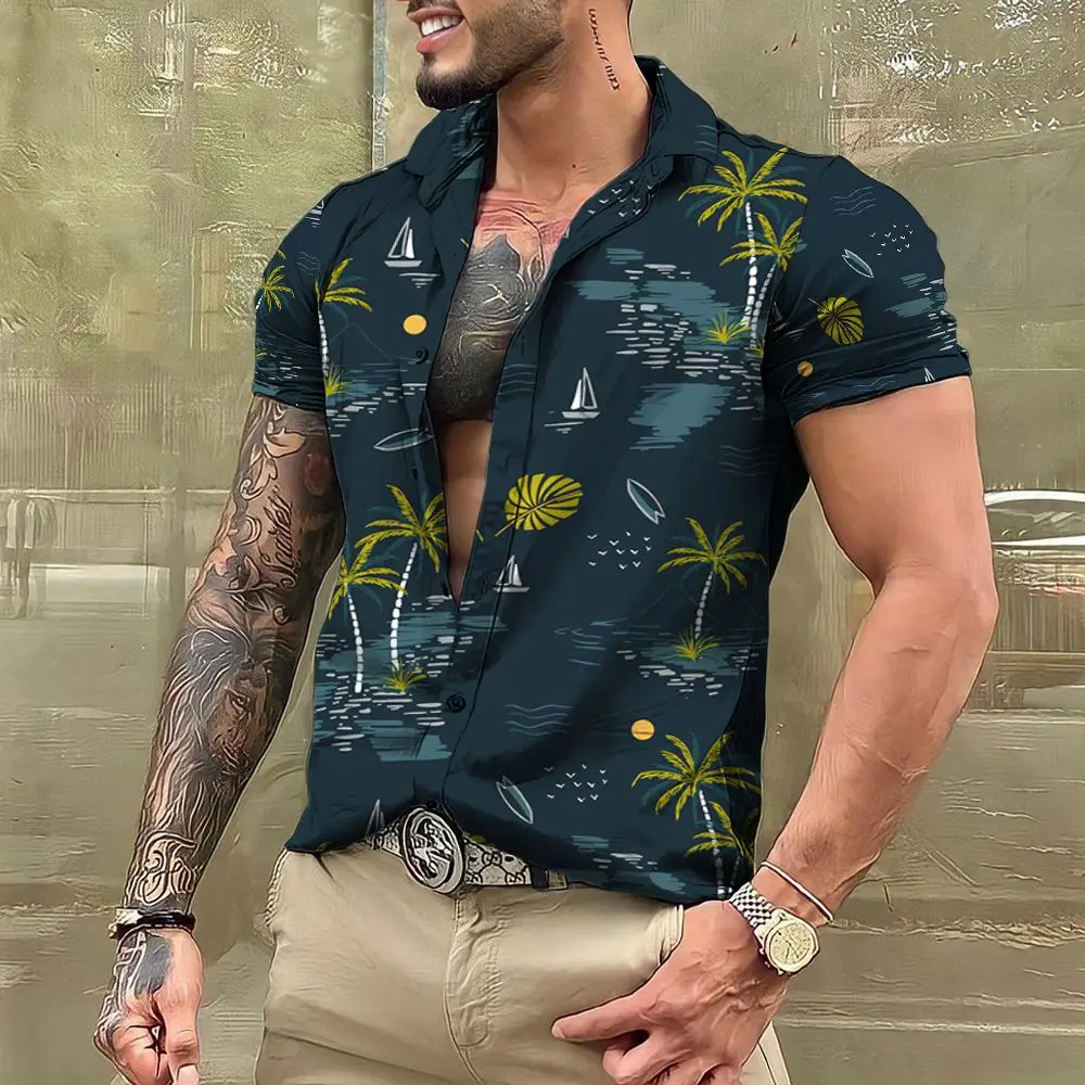 

2024 Coconut Tree Shirts For Men 3d Printed Men's Hawaiian Shirt Beach 5xl Short Sleeve Fashion Tops Tee Shirt Man Blouse Camisa