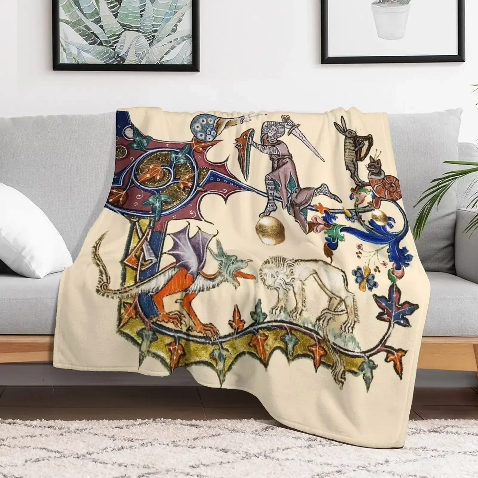 WEIRD BESTIARY,MEDIEVAL KNIGHT FIGHTING SNAIL,DRAGON AND LION by Bulgan Lumini Throw Blanket Decoratives Sofa Quilt Blankets