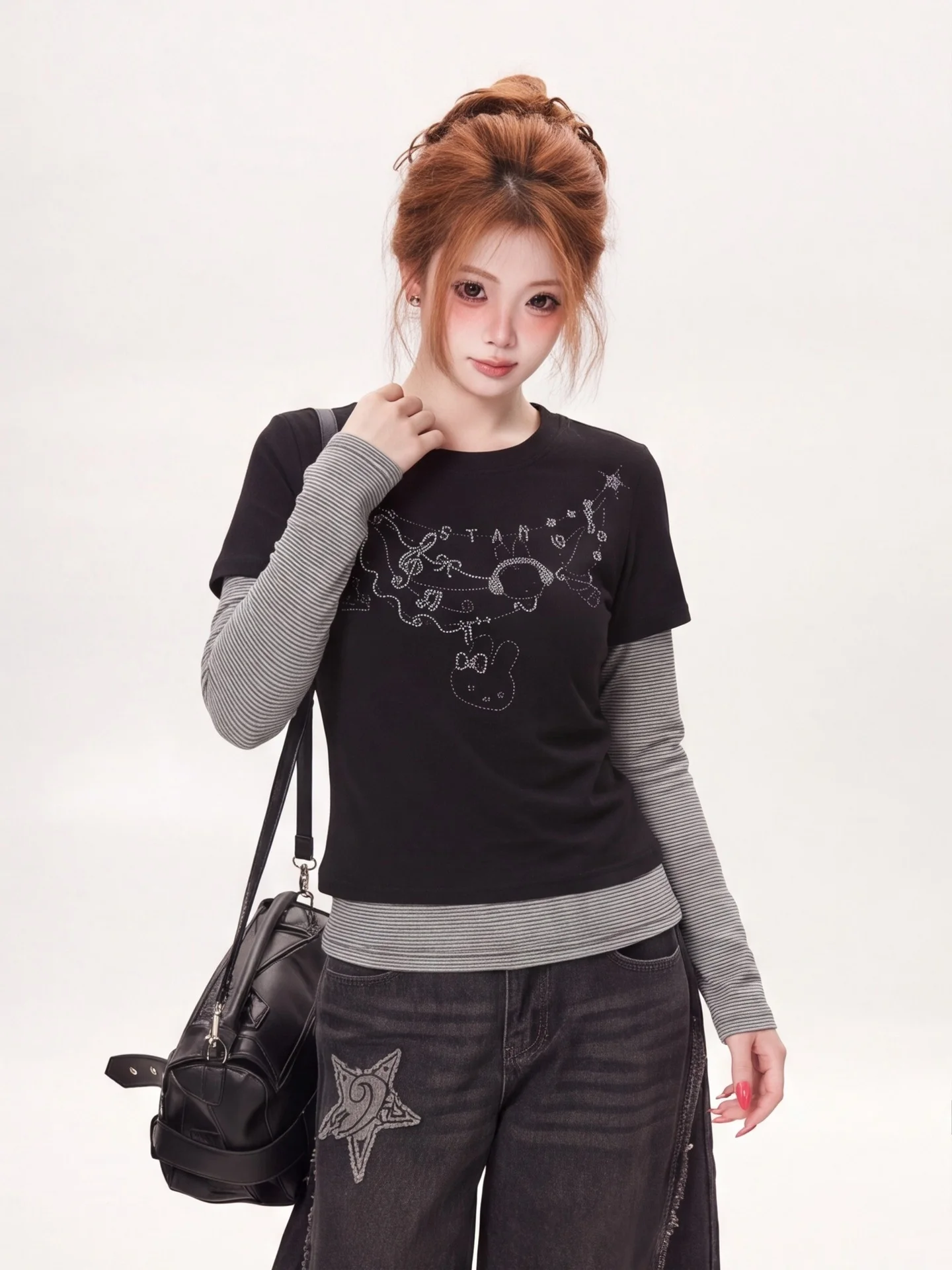 Ant Pattern Long Sleeve T-Shirt Women's Short Style Striped Y2K Drill Slim Fit Shoulder Top Korean Style Casual Wear