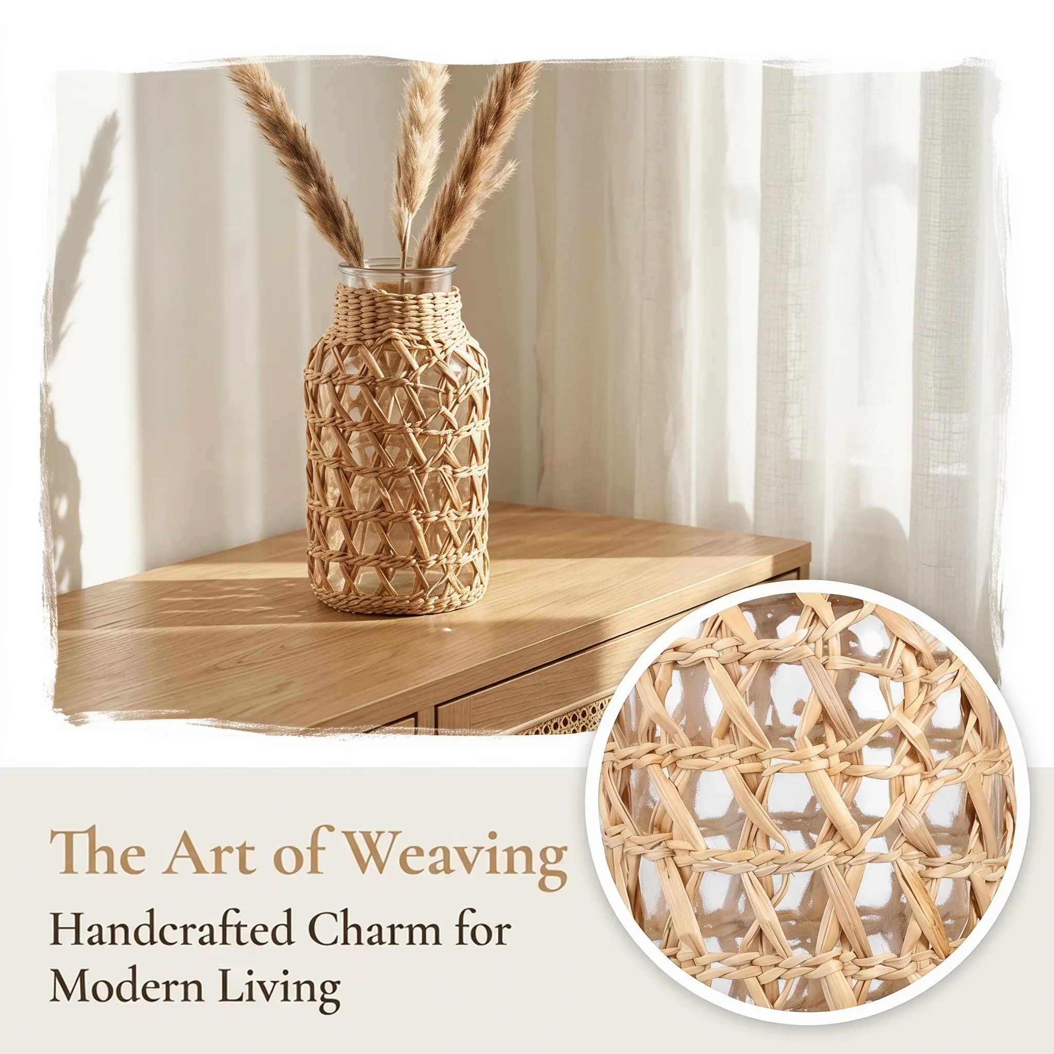 1Pcs Rattan Glass Flower Vase Straw Woven Texture Creative Desktop Decorative Flower Arrangement Container Desktop Vase Decor