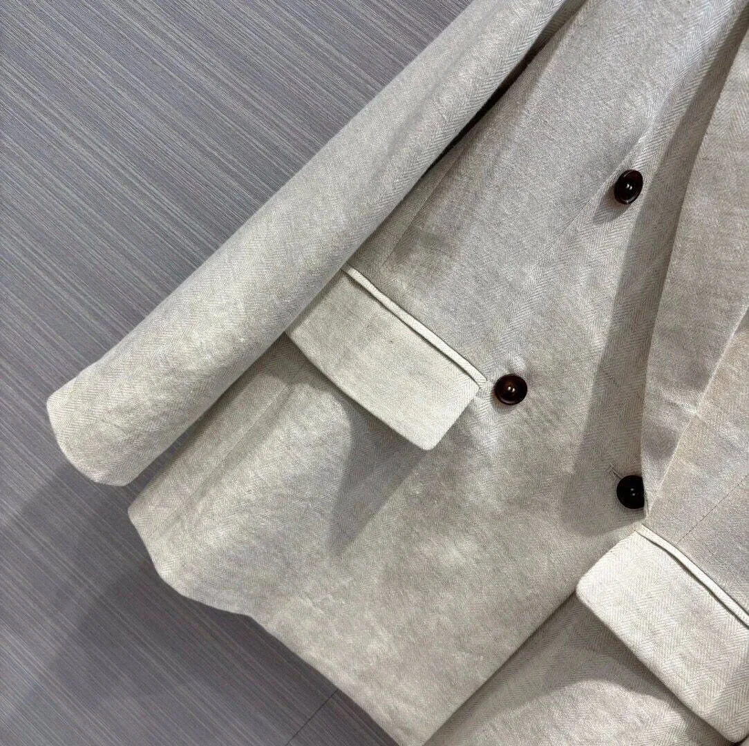 2024 New Autumn Fashion Casual Blazer Suit Women Notched Double Breasted Long Sleeve Beige Color Cotton Linen Casual Slim Jacket