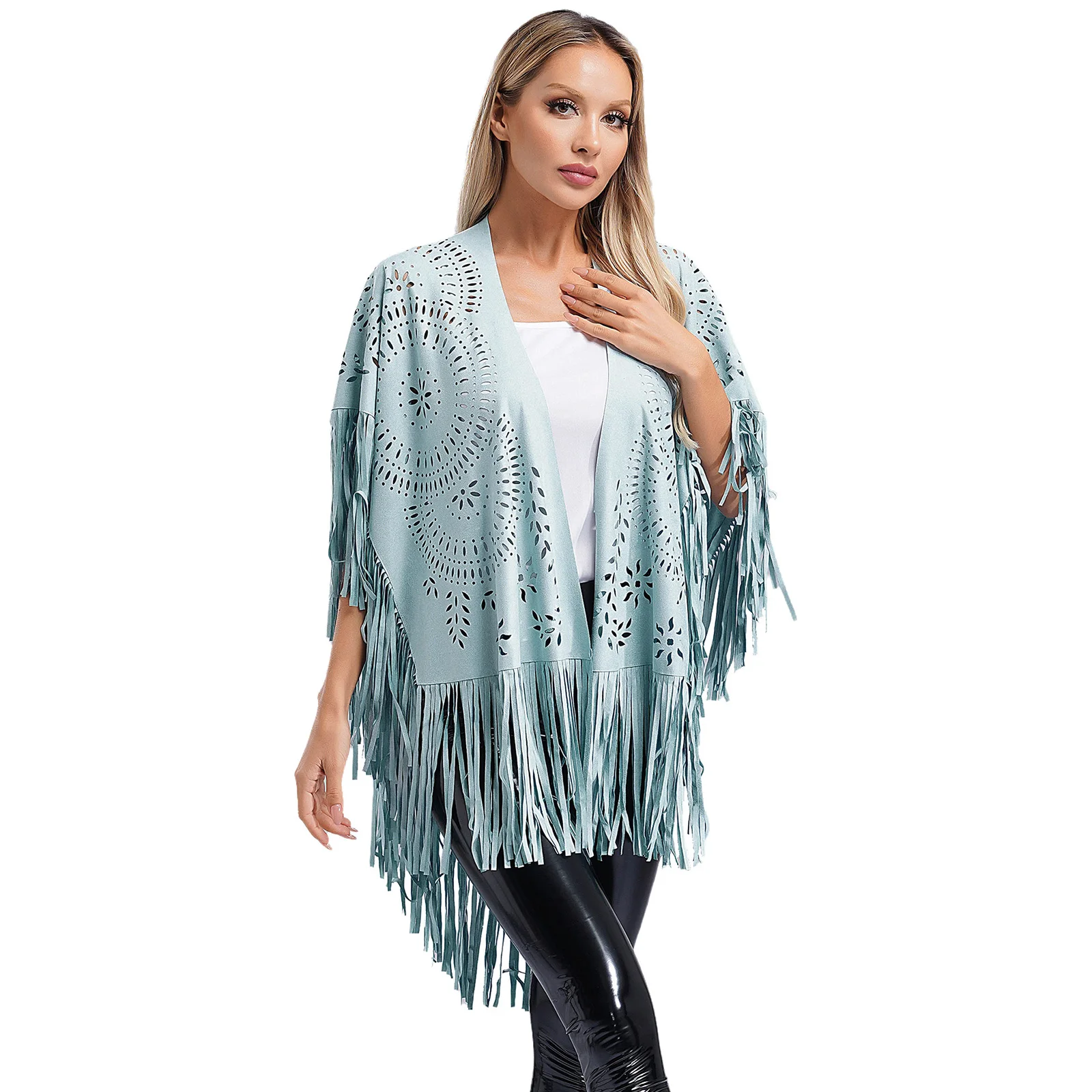 Womens Bridal Shawls Wraps Hollow Out Faux Suede Fringed Cape Vintage Open Front Asymmetrical Tassel Cloak Party Evening Shawl