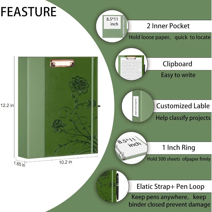 3 Ring Binder 1 Ih Leather Binde with Clipboards Three Ring Binder with Pen Holder Green Letter Size
