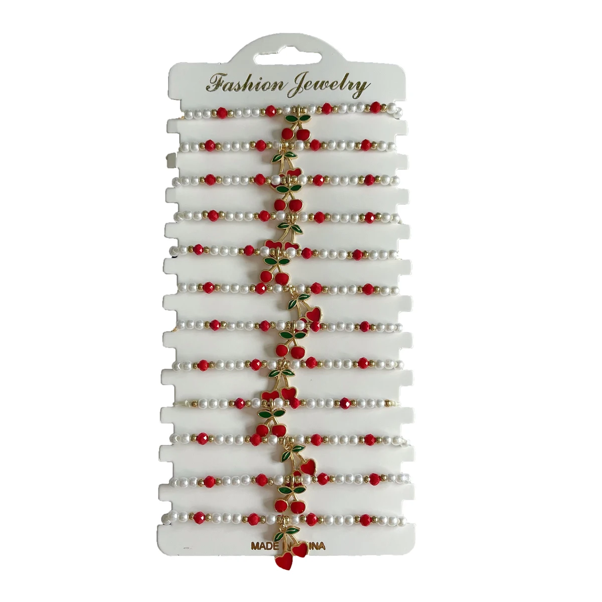 12Pcs Red Cherry Pendants With Red Crystal And Pearl Beaded Couple Bracelets Christmas gifts