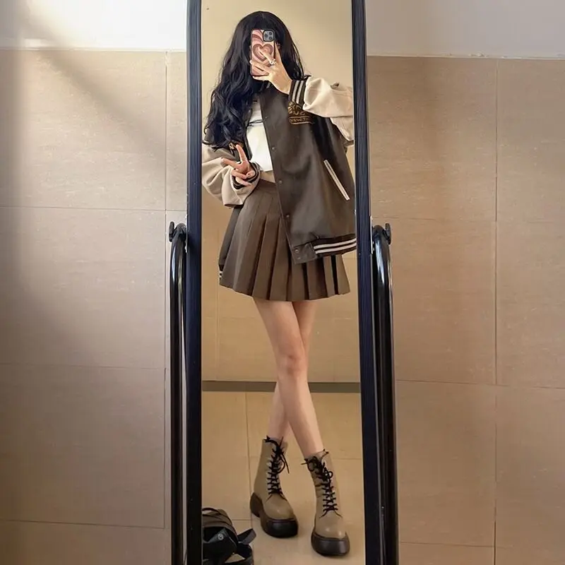 Khaki Color Women's Spring Autumn Short Half-length Skirt High Waist Pleated A-line Slimming Skirt Polyester Fiber Pure Color