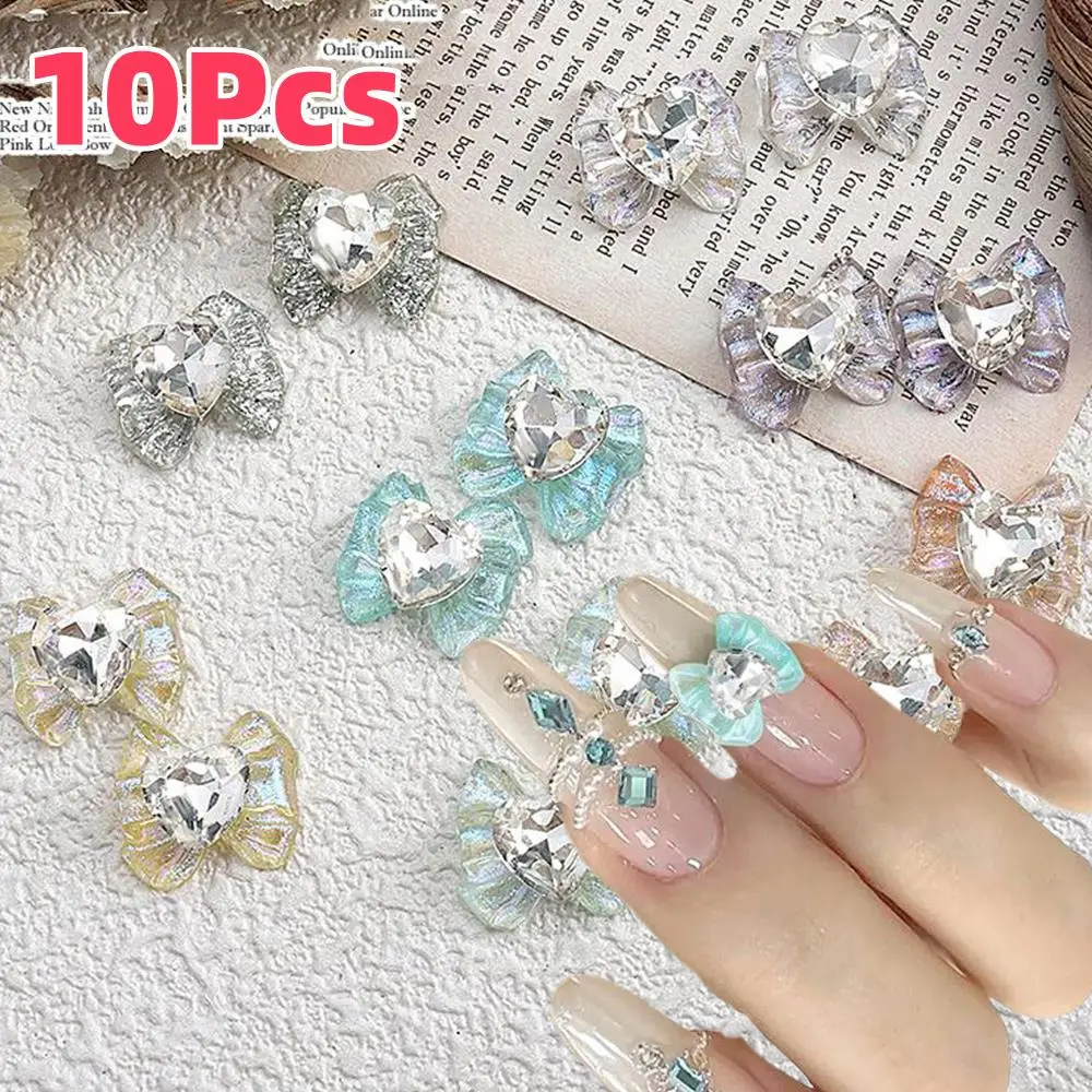 10pcs 3D Heart Diamond Bowknot Nail Charms Ice Transparent Bow Nail Art Decorations 13.5*12.5mm Love Gems Ribbon Nails Supplies