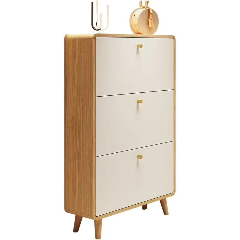 Nordic Slim Shoe Cabinet Solid Wood Legs Wall Mounted Tipping Bucket Entryway Storage Rack Space Saving Home Furniture