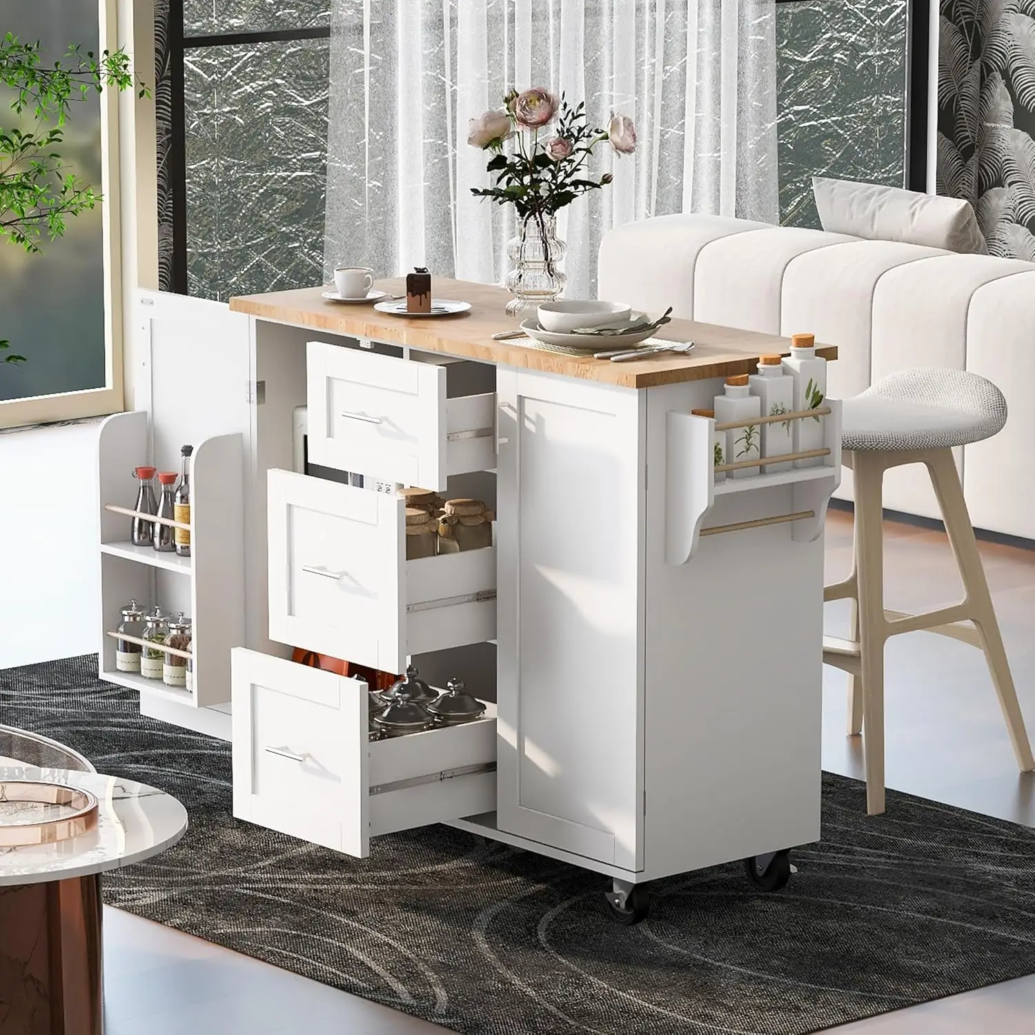 Kitchen Cart with Rubber Wood Top, Spacious Drawer with Divider and Internal Storage Rack