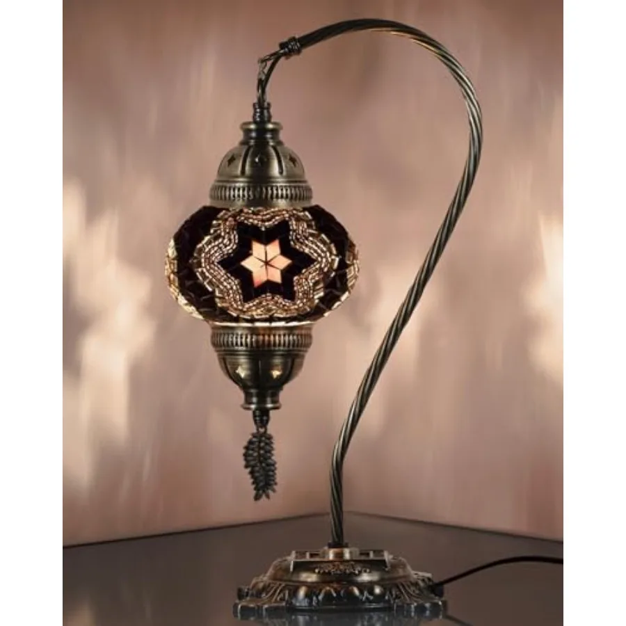 

Turkish Moroccan Mosaic Table Lamp Handcrafted Tiffany-Style Colorful Glass Swan Neck Bedside, Desk, Table Light, Boho Artisan