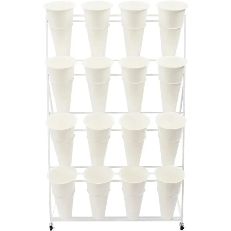 White Flower Display Stand with 16 Buckets 4 Tier Metal Florist Shelf Plant Cart Floral Stand Flower Holder on Wheels